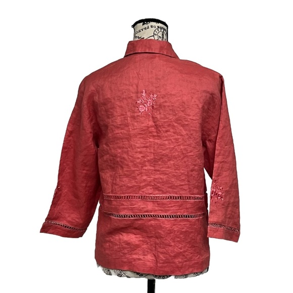 Jordan Coral Pink Button Up Linen 3/4 Blouse Modest Mature Beach Coastal M Boho - Picture 4 of 8